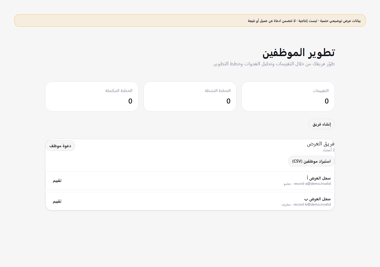 لقطة عربية حقيقية لشاشة تطوير الموظفين في Company: فريق العرض بعضوين، وأعداد التقييمات والخطط النشطة والمكتملة كلها صفر، وإجراء تقييم لكل عضو. بيانات عرض حتمية غير إنتاجية.